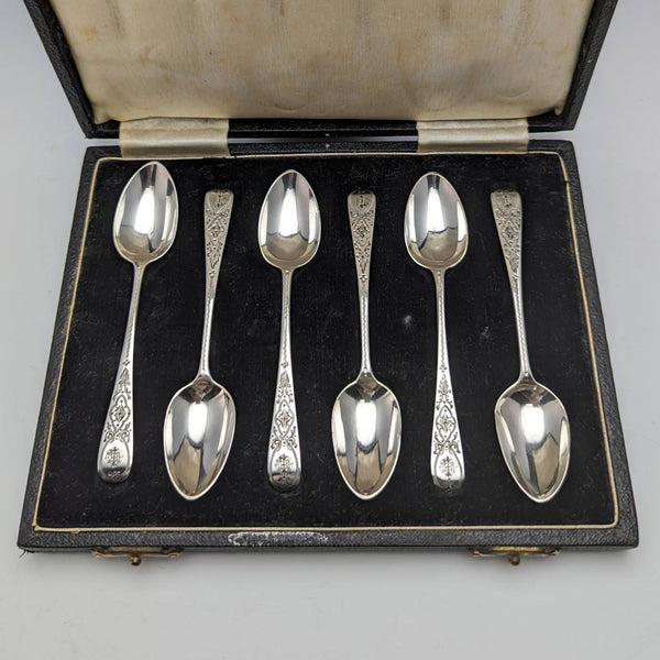 1884 British antique sterling silver teaspoon set of 6 in a case